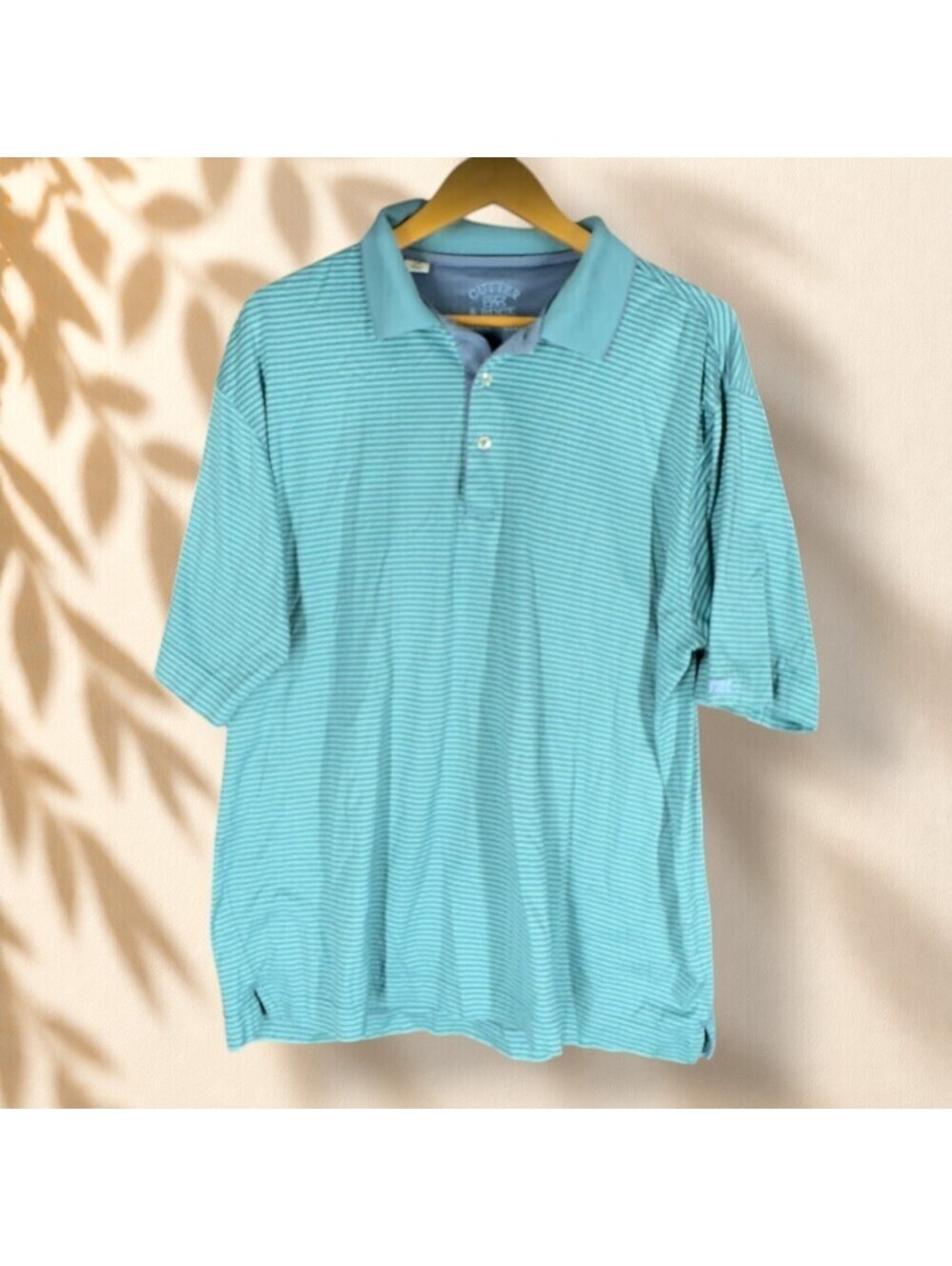Cutter & Buck Polo Shirt Men L Large Blue Striped Collared Button Up Cotton